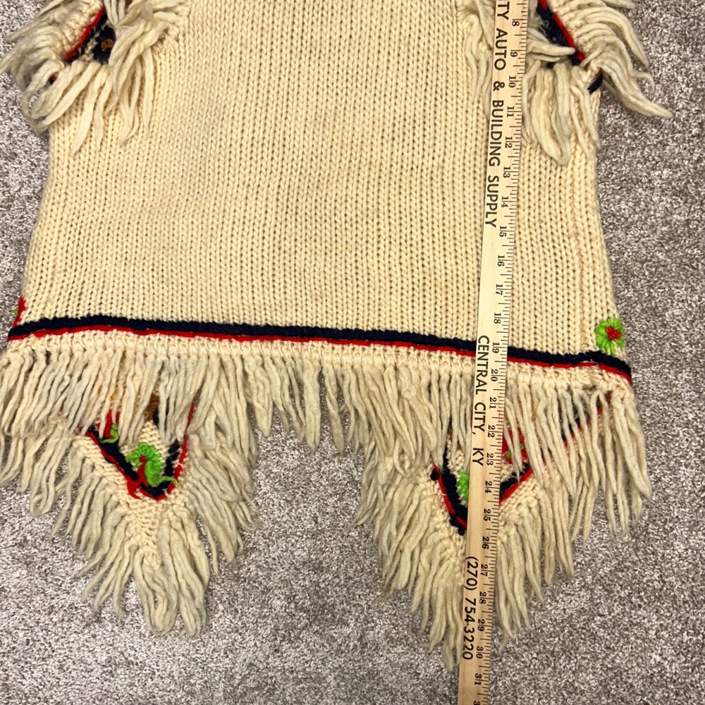 Vintage Hand Knit Fringe Wool Cardigan Vest 60s Boho Hippy Flowers Women Medium - Picture 5 of 10